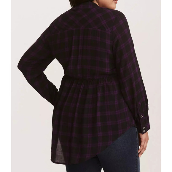 Torrid Emma Plaid Challis Babydoll Tunic Top Purple Black Pocket Plus Size 4 4X - Picture 9 of 12